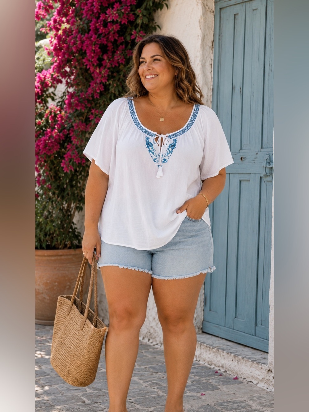 Boho White Peasant Top w/ Turquoise Embroidery | Cottagecore Coastal Festival